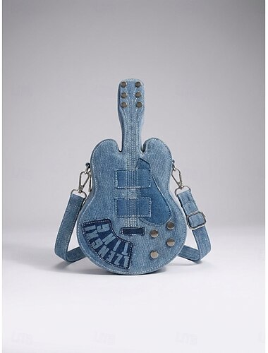  Bolso bandolera de mezclilla con forma de guitarra para mujeres y niñas, mini bolso de hombro original con tela resistente, correa ajustable y divertido estilo musical para conciertos, festivales,