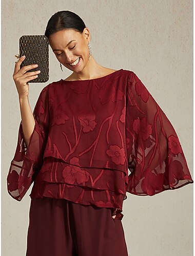  Dame Blondeskjorte Bluse Dressy topper Chiffongoverdeler Asymetrisk kant Helfarge Blomstret Elegant Stilfull Fritid Halvlange ermer Sommerfuglermer Båthals Vanlige topper Daglig Arbeid Bryllupsgjest