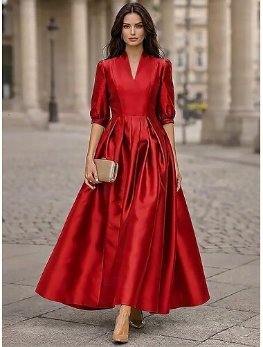  A-Linie Knöchellänge Cocktailkleider Elegant Täglich Halbarm V Ausschnitt Hochzeit Formell Taft Stretchstoff mit Falten