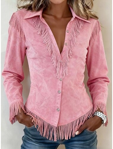  Per donna Camicia Blusa Patchwork Bottoni Frange Semplice Bohemien Elegante Western Manica Lunga Colletto a Camicia Top Regolari Casuale Quotidiano Ferie Bianco Nero Rosa Marrone Estate Primavera