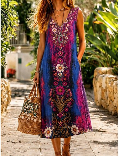  Mulheres Vestido midi Vestidos Para o Verão Vestido de verão Férias Casual Boho Diário Feriado Para Noite Ajuste Largo Floral Gráfico Sem Manga Decote V Roxo Verão Primavera
