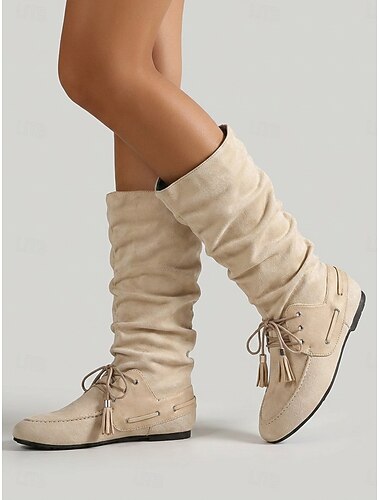  Dameslaarzen in beige suède met kwastjes aan de voorkant en vetersluiting, model mocassin-neus. &Zachte, platte, antislip buitenzool, casual hoge laarzen met plooien tot de knie voor een landelijke