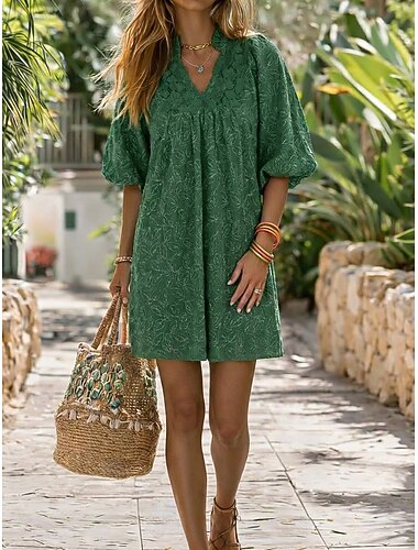  Damen Knielanges Kleid Spitzenkleid Elegant Täglich Lässiger Schnitt Einfach Dreiviertelarm V Ausschnitt Rosa Grün Dunkelblau Rosenrot Sommer Frühling Herbst