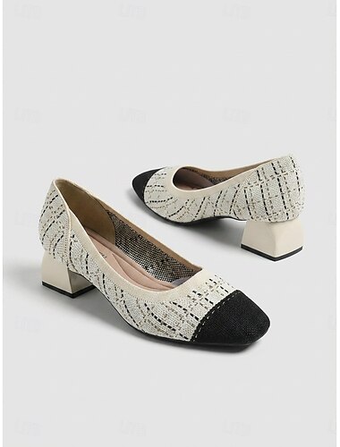  Beige strikpumps til damer - komfortable slip-on sko med hæl og tweedmønster til daglig pendling på kontoret og gåture hele dagen