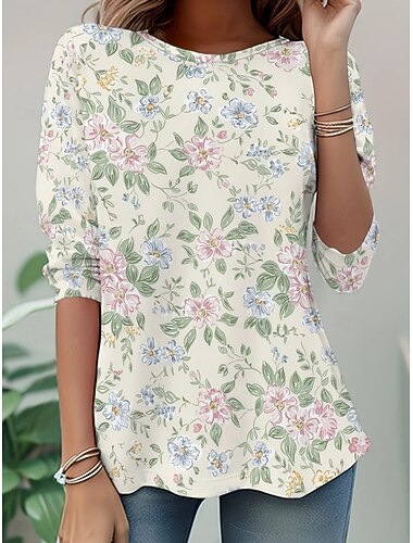  Dames T-shirt Afdrukken Grafisch Geometrisch Gestreept Vintage Modieus Stijlvol Lange mouw Strakke ronde hals Normale tops Dagelijks Lichtgroen Hemelsblauw Licht Paars Zomer Lente Herfst Winter