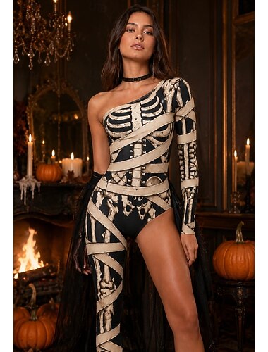  Halloween Combinaison combinaison squelette complet Squelette Modèle asymétrique à une épaule Impression Manchon simple Momie Gothique Fantasmagorique Femmes Costume pour Club Festival de Musique