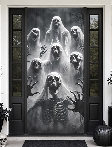  Cubierta de puerta de Halloween, pancarta de puerta de esqueleto fantasma, espíritus de calavera gritando, fondo de puerta de entrada aterrador, porche, entrada, decoración de fiesta de casa embrujada