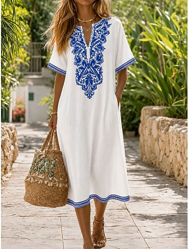  Női Midi ruha hétköznapi ruha Boho elegáns ruhák Csehország Szabadság Tropikus Laza öltözet Grafika Rövid ujjú V-alakú Fehér Nyár Tavasz Ősz