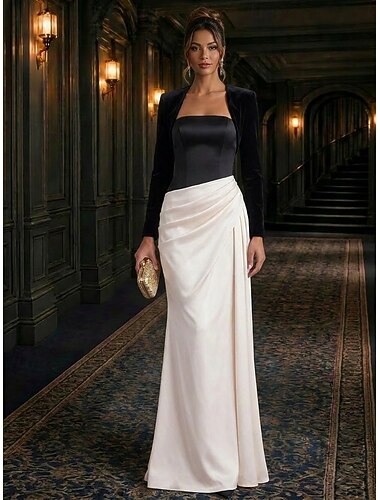  A-Linie Bodenlang Abendkleid Elegant Glitzernd Mutter der Braut Langarm Quadrathals Hochzeit Formell Satin Samt mit Falten Kristalle Farbblock
