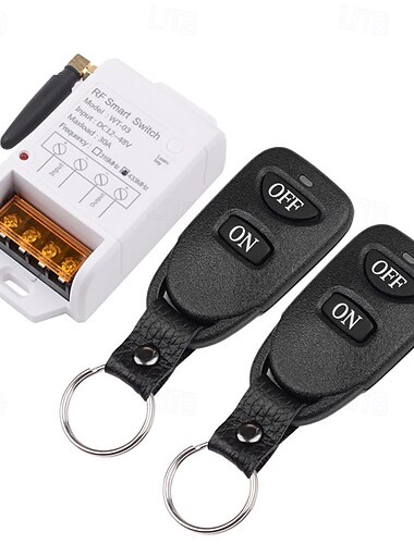  DC 12V 24V 36V 48V trådløs fjernkontrollbryter, 30A høyeffekts RF-relémottaker med 2 sendere og nøkkelbrikker, 433mhz trådløs av/på-bryter for motorer, pumper, LED-lys, DIY-prosjekter