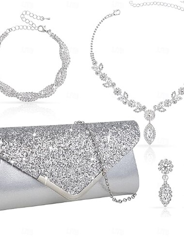  Set di Gioielli 4 Con diamantini Cromo 1 Bracciale Borsa Orecchini Collana Per donna Moda Parure di gioielli Per Feste Matrimonio