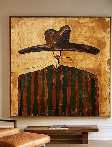  käsintehty öljymaalaus kankaalle seinäkoriste okra kasvoton cowboy abstrakti taide, teksturoitu impasto akryylimaalaus, boho länsimainen tyyli