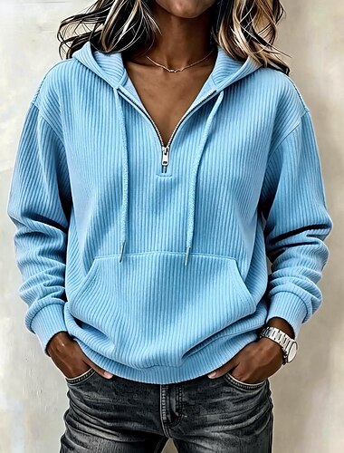  Damen-Kapuzenpullover mit Rippstrick, Reißverschluss, schlicht, lässig, langärmelig, mit Kapuze, reguläres Oberteil, lässig, blau, weiß, rosa, rot, Sommer, Frühling