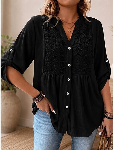  Per donna Camicia di Pizzo Camicia casual Ricamato Elegante Bohemien Vacanza Manica 3/4 Manica al gomito Scollo a V Top Regolari Casuale Quotidiano Abbigliamento casual alla moda Bianco Cachi Nero