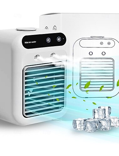  Mini ar condicionado com umidificador, climatizador pessoal recarregável via USB, 2 velocidades, 2 jatos de ar frio, ideal para climatização de casa, escritório, quarto e camping.