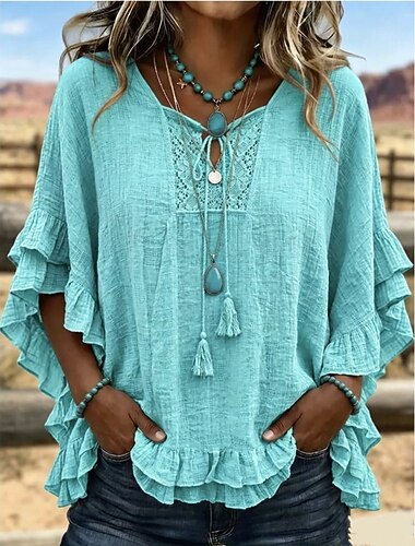  Damenbluse im Boho-Stil mit Rüschen, einfarbig, für Urlaub, halblange Ärmel, V-Ausschnitt, normale Passform, lässig, weiß, gelb, hellblau, khaki, smaragdgrün, Sommer/Herbst