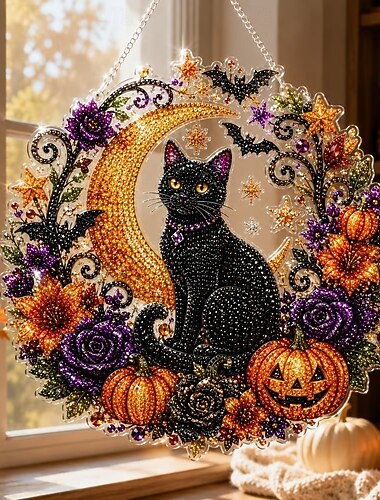  Kit de décoration suspendue « Chat noir et lune » avec peinture diamant, activité manuelle pour Halloween (adultes et enfants), décoration murale relaxante et faite main, cadeau idéal pour les fêtes