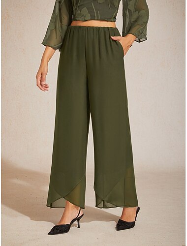  Dames Broek met rechte pijpen Elegant Volledige lengte Medium Taille Meerlaags Elastische tailleband Inelastisch Dagelijks Formeel Bruiloftsgast Olijf Zomer Lente Herfst Normale pasvorm