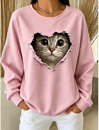  Mulheres Moletom Imprimir Gráfico Gato Quente Ativo Casual Manga Longa Gola Redonda Tops regulares Casual Rua Dia a Dia Azul Rosa Roxo Primavera Outono Inverno