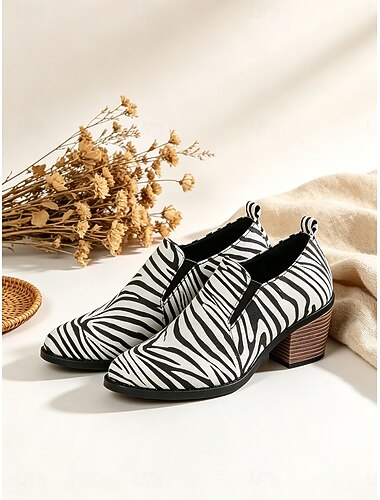  Bottines à bout pointu imprimées zèbre pour femmes, avec fermeture éclair latérale et talon bloc épais, chaussures tendance d'inspiration western pour le travail, les fêtes, les concerts et les