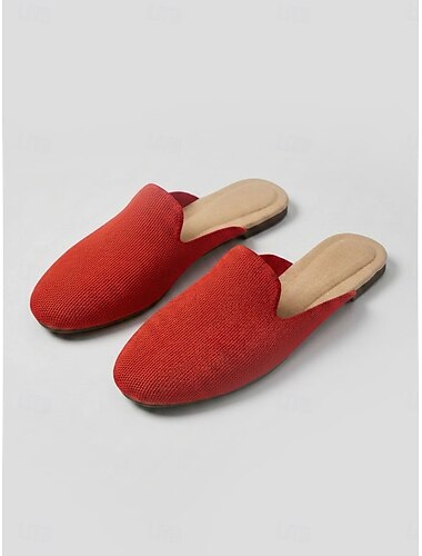  Dames muiltjes van gebreide stof in een lichtbruine kleur - ademende, ronde neus, instappers zonder hiel, lichtgewicht, comfortabele casual schoenen voor dagelijks gebruik. & reis