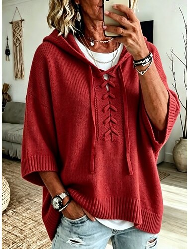  Women's Sweater Pullover Sweater Jumper Fashion Cool Daily Hooded Lace up Half Sleeve Long Tops Knit Daily Home Holiday Pink Red Spring Fall