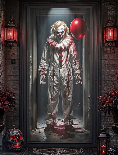  Cubierta de puerta de Halloween con payaso malvado y globo rojo, diseño de terror, decoración espeluznante para puerta de casa embrujada, pancarta de decoración de fiesta de Halloween aterradora para
