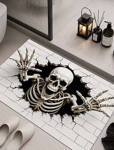  felpudo de Halloween con ilusión óptica 3D, felpudo de calavera de esqueleto para puerta principal, alfombra de entrada interior/exterior con pared blanca agrietada, decoración de porche de Halloween
