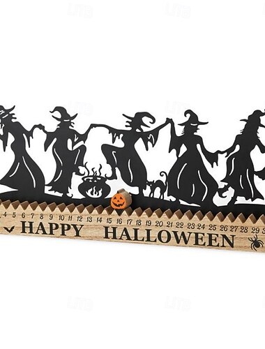  Calendrier d'Halloween en bois de 31 jours (31 jours) avec silhouette de sorcière dansante et curseur citrouille, décoration de cheminée réutilisable, 38 cm de long.