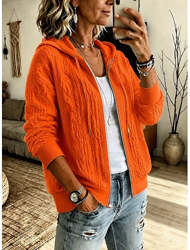  Mujer Chaquetas texturizadas Sudaderas con cremallera Cálido Vintage Casual Manga Larga Con Capucha Tops regulares Casual Hogar Calle Azul Piscina Blanco Naranja Primavera Otoño