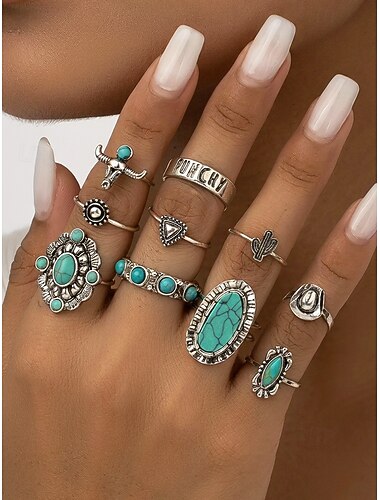  kvinnors bohemiska legering &turkos ringset, 10-delade vintage western stapelbara knogringar för sommarsemester, musikfestivaler, strandresor, fester och vardagsbruk