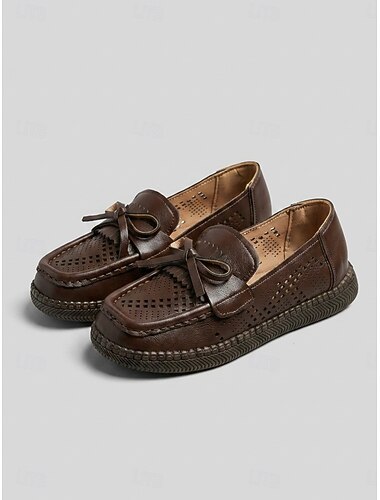  Witte geperforeerde mocassin loafers voor dames - instappers met strik, comfortabele platte schoenen met een zachte, flexibele zool voor reizen, autorijden en dagelijks woon-werkverkeer. &dagelijkse