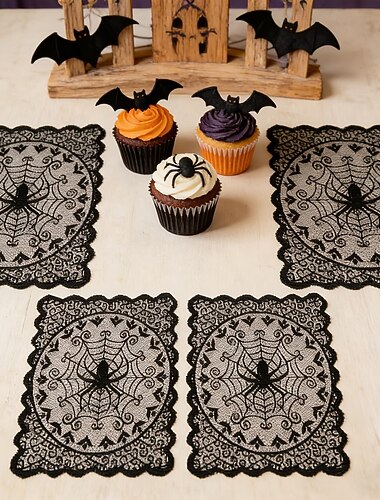  4 st Halloween-bordsunderlägg med svart spets och spindelnät, gotiska fladdermusmönster, läskig Halloween-matbordsdekoration, köksbordsunderlägg för fest, hem, inomhus &utomhusbruk