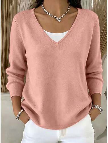  Damen Pullover Basic Lässig Gerippt V Ausschnitt Gestrickt Langarm Lange Oberteile Stricken Täglich Heim Arbeit Blau Schwarz Frühling Herbst