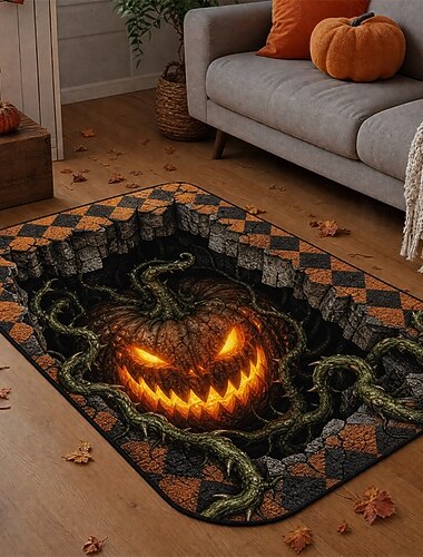  Tapis d'Halloween à poils courts et doux, tapis de salon, tapis d'intérieur avec motif citrouille abstraite, lavable, décoration intérieure
