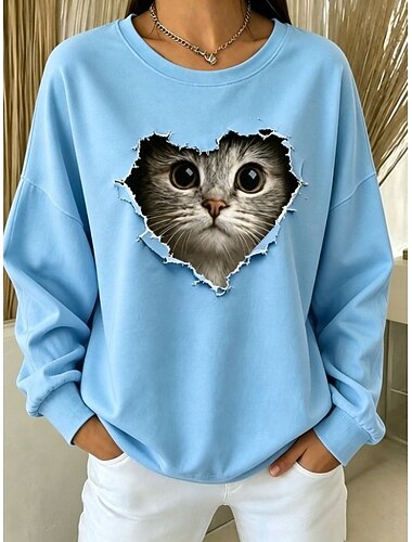  Dames Pullover Afdrukken Kat Casual Lange mouw Strakke ronde hals Normale tops Casual blauw Blozend Roze Paars Herfst Winter