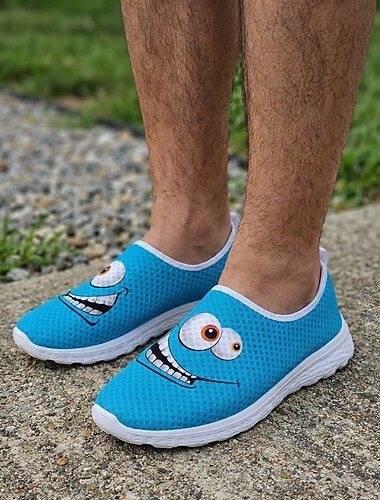  Scarpe da passeggio slip-on da uomo blu con stampa di faccine di cartoni animati e tomaia in mesh traspirante a nido d'ape. &Suola in EVA leggera, scarpe da ginnastica casual in mesh antiscivolo e