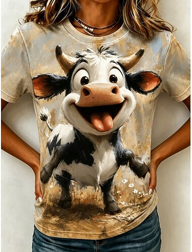  Mulheres Camiseta Imprimir Gráfico Animal Vaca Vintage à moda Clássico Manga Curta Gola Redonda Tops regulares Casual Diário Azul Cáqui Amarelo Castanho Claro Verão Primavera