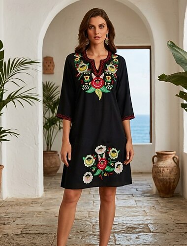  caftán de algodón bordado para mujer, minivestido, vestido recto, vacaciones, fiesta, estilo boho, día a día, playa, fiesta nocturna, corte regular, estampado floral, manga 3/4, cuello en V, negro,