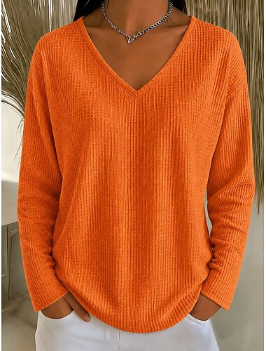  t-shirt da donna waffle tinta unita vintage elegante manica lunga mezza manica scollo a V top regolare casual quotidiano weekend arancione estate primavera autunno