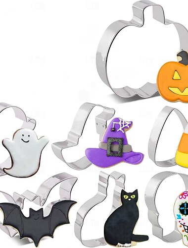  Halloween-kakformar, 3/5/7 delar pumpa, spöke, fladdermus, katt, häxa, dödskalle, kakformar i rostfritt stål för kakor, fondant, bakverk och halloweenbakning