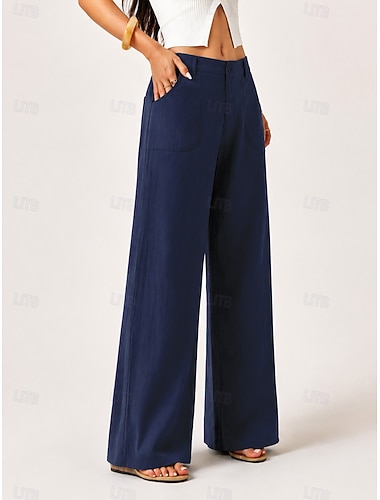  Damen Weites Bein Hose Freizeithose Urlaub Mode Streetwear Volle Länge Mittlere Taille Einfach Tasche Elastischer Bund Komfort Bequem Unelastisch Täglich Büro Urlaub Blau Aprikose Schwarz Ziegelrot