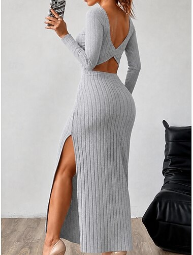  Damen Maxikleid Strickkleid Bodycon Elegant Urlaub Täglich Urlaub Normale Passform Einfach Langarm Quadrathals Grau Herbst Winter