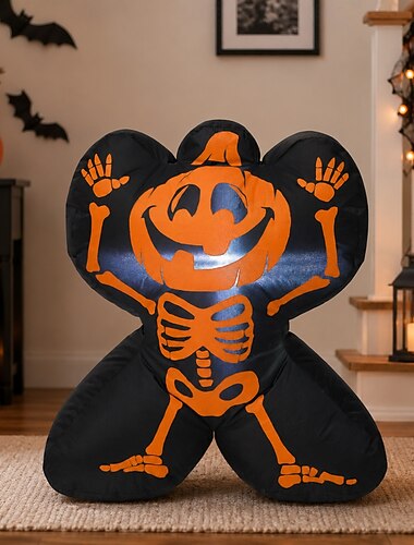  Squelette de citrouille gonflable d'Halloween de 60 cm avec lumières LED intégrées, décoration de crâne effrayante à gonfler pour l'intérieur et l'extérieur (cour, pelouse, porche, salon, escaliers,