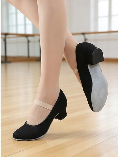  Scarpe da ballo da donna nere in tela con cinturino singolo, suola morbida in camoscio divisa, punta arrotondata antiscivolo, calzature da ballo da sala per adulti, per lezioni di ballo e spettacoli.