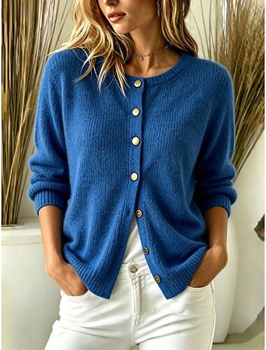  Damen Strickjacke Elegant Täglich Arbeit Rundhalsausschnitt Knöpfe Langarm Lange Oberteile Stricken Täglich Heim Ferien Blau Khaki Herbst Winter
