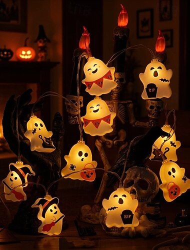  Luci decorative di Halloween, 6 metri, 40 LED, simpatiche luci a forma di fantasma, zucca, pipistrello e fata, alimentate tramite USB o batterie AAA, decorazioni di Halloween per camera da letto,