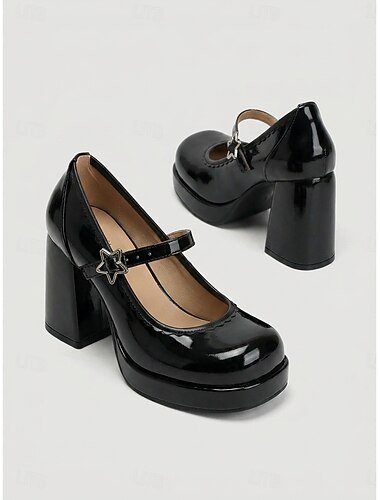  Elegante Mary Jane pumps voor dames - zwarte platformhakken van lakleer met stergesp, geschikt voor op kantoor of dagelijks gebruik.