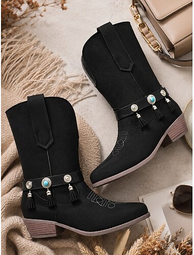  Czarne kowbojskie buty damskie w stylu boho w stylu western - zamszowe, haftowane, z wycięciem w kształcie litery V, niskie, grube buty na obcasie do połowy łydki z paskami z frędzlami, idealne do