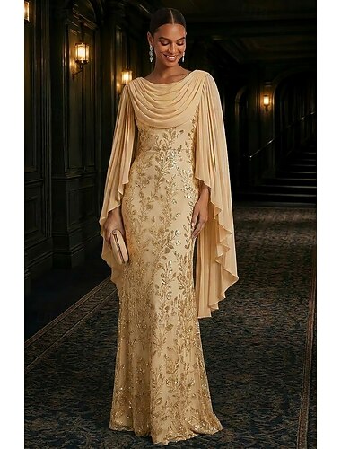  Meerjungfrauenschnitt Bodenlang Abendkleid Festliche Kleidung Elegant luxuriös Glitzern Langarm Wasserfallausschnitt Abendgesellschaft Hochzeit Chiffon Spitze mit Perlenbesetzt Gerafft Paillette